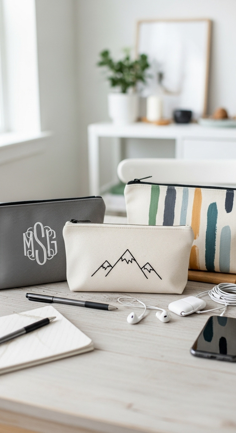 Three personalized canvas zippered pouches with monograms embroidery and fabric paint a great homemade Christmas gift for teens