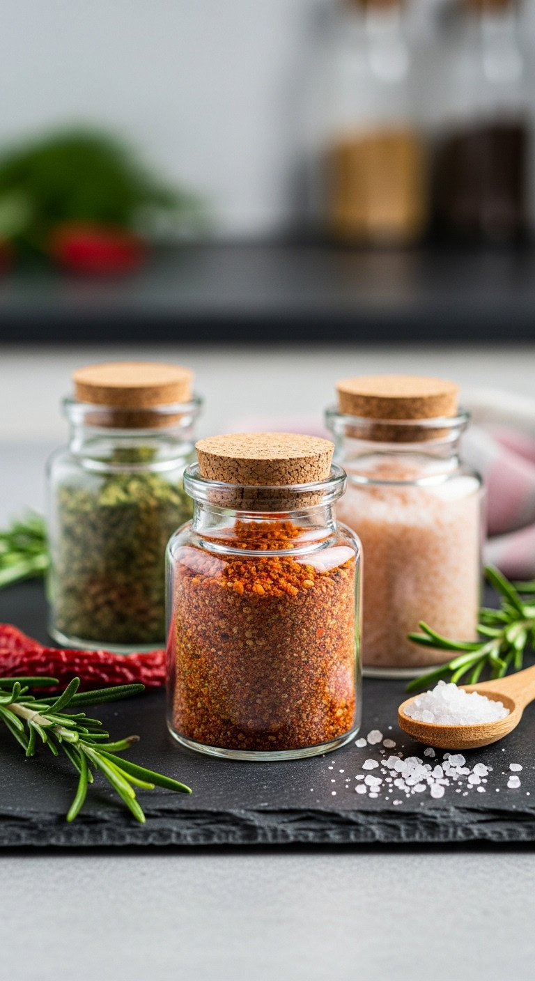 Trio of elegant glass jars filled with homemade flavored salts and spice mixes for coworker Christmas gifts