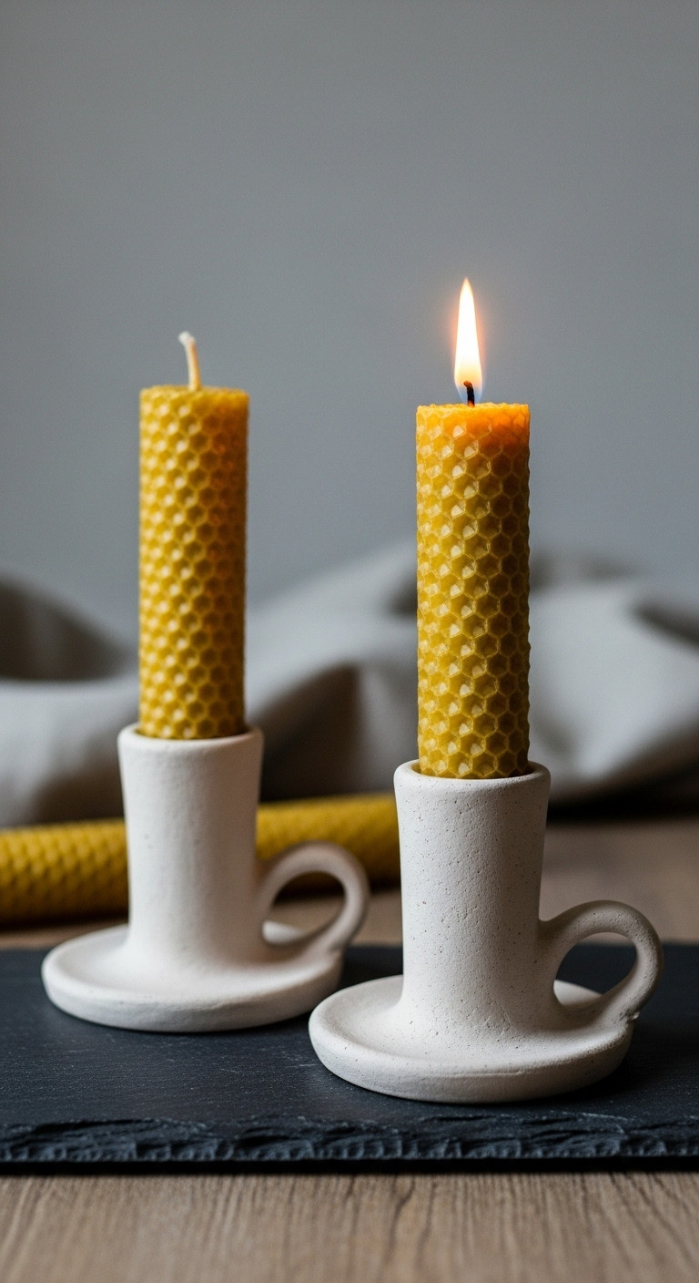 Two hand-rolled beeswax candles in clay holders, one lit, on a slate surface with blurred cozy room background