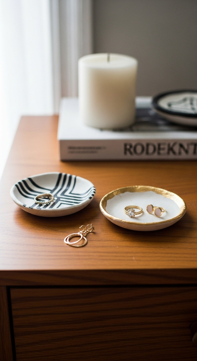 Two handmade clay dishes with geometric patterns and gold rim holding jewelry on a wooden dresser with blurred bedroom background