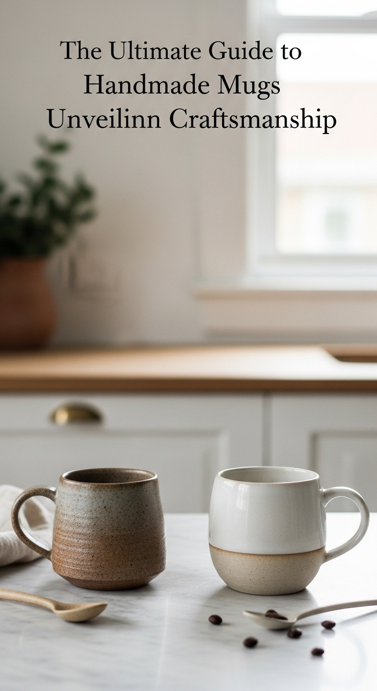 Two handmade mugs side by side: rustic textured stoneware and smooth translucent porcelain on marble. Artisan craftsmanship, earthy tones, kitchen decor.