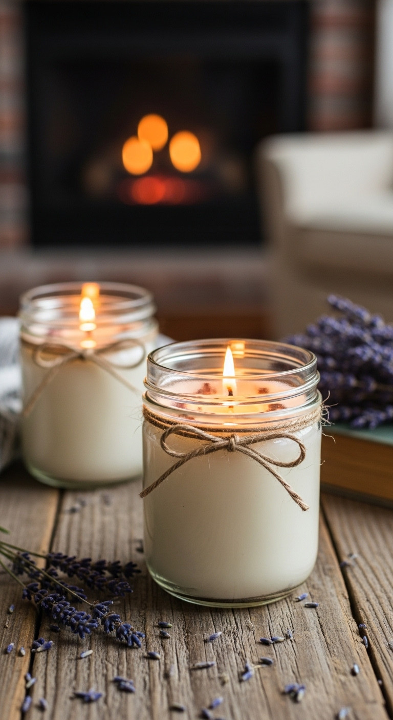 Two homemade lavender mason jar candles with soy wax and dried lavender, one lit, on a reclaimed wood surface