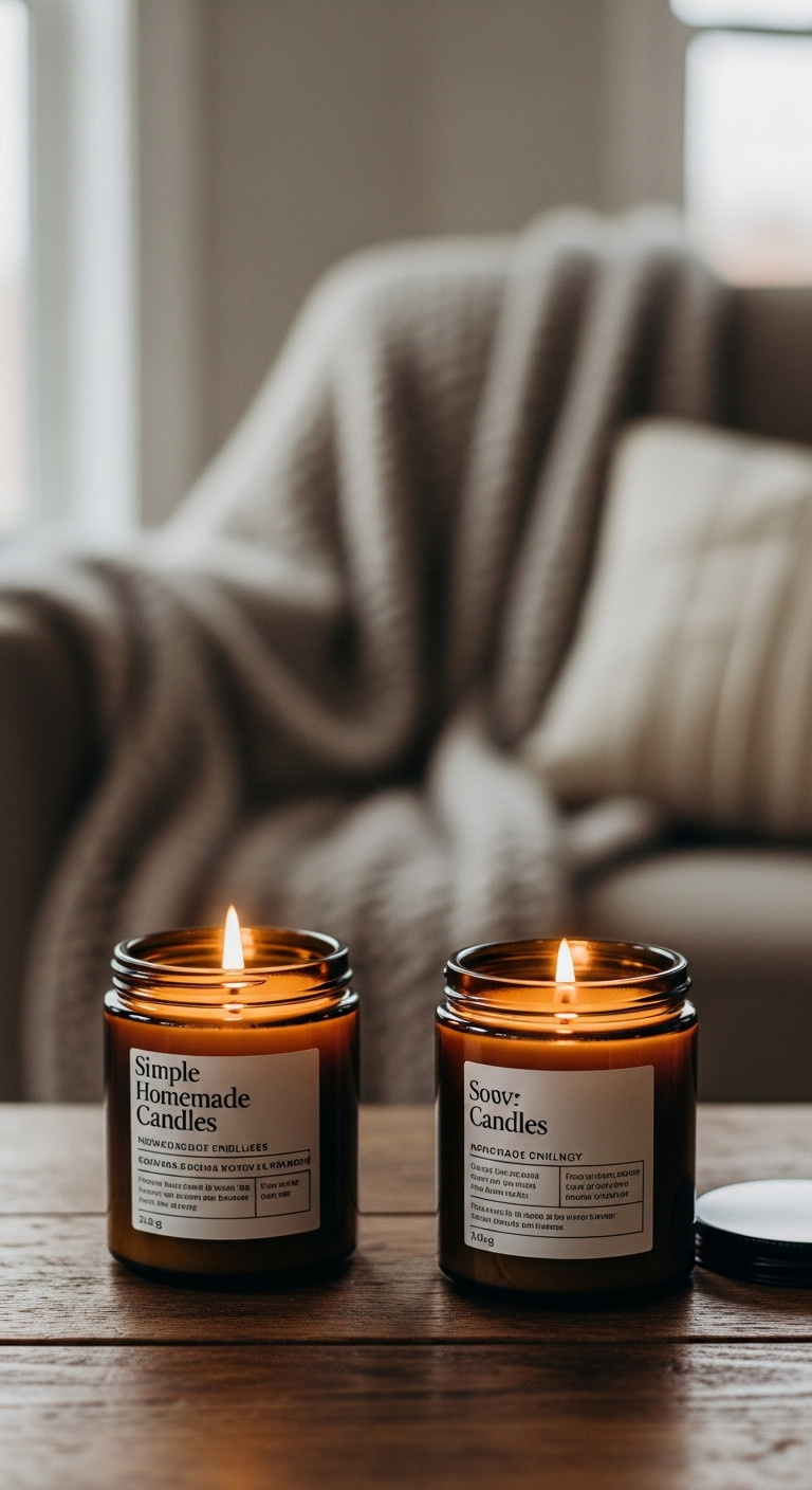 Two homemade soy candles in amber jars, one lit, on a rustic wooden table with a blurred cozy living room background