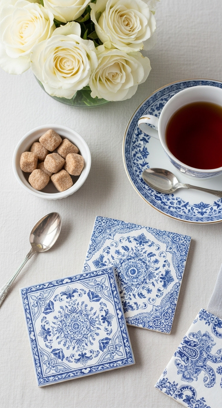 Two tile coasters with blue and white chinoiserie napkin decoupage on linen tablecloth with teacup and saucer