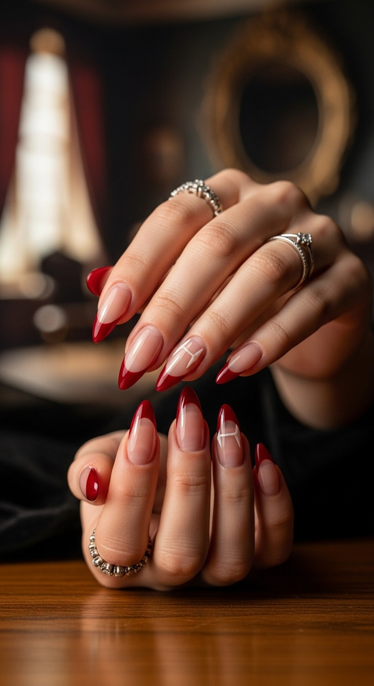 Vampire French tip nails gothic elegance deep red almond shape golden hour lifestyle blog Pinterest Halloween beauty