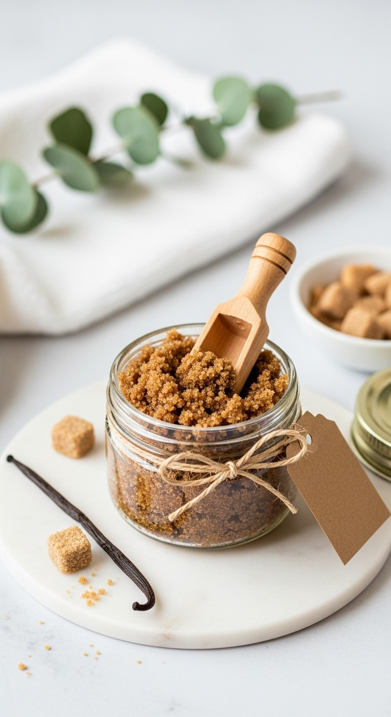 Vanilla brown sugar scrub in a glass jar with wooden scoop and jute twine on a white marble surface