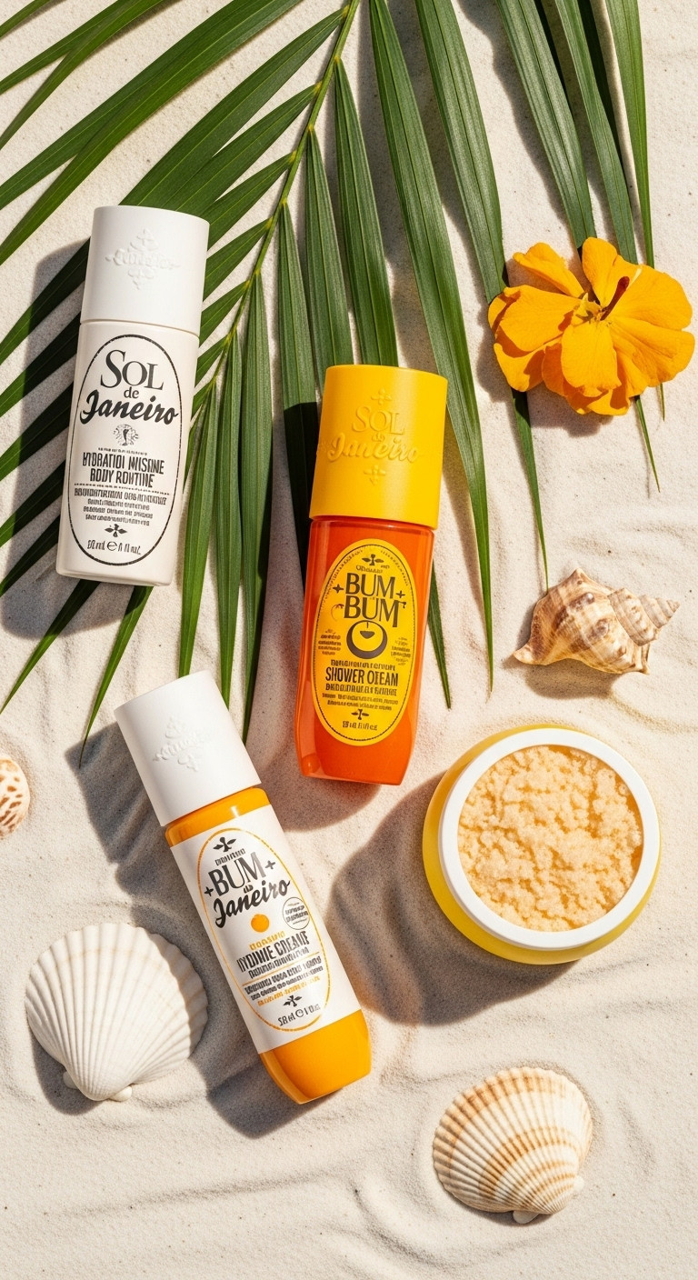 Vibrant Sol de Janeiro Hydration Celebration Body Routine on white sand with seashells and palm leaf