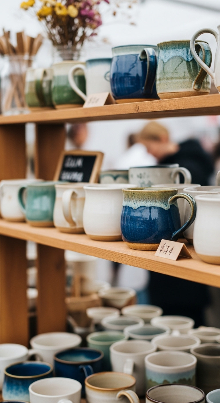 Vibrant artisan marketplace display featuring diverse handmade mugs on wooden shelves. Handcrafted pottery, unique ceramic kitchenware.