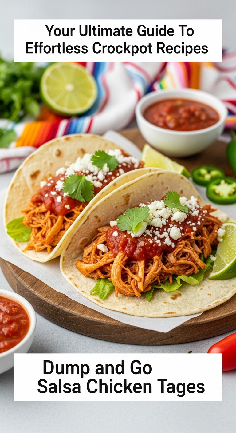 Vibrant crockpot salsa chicken tacos with shredded chicken, salsa, cotija, cilantro, lime on rustic board.