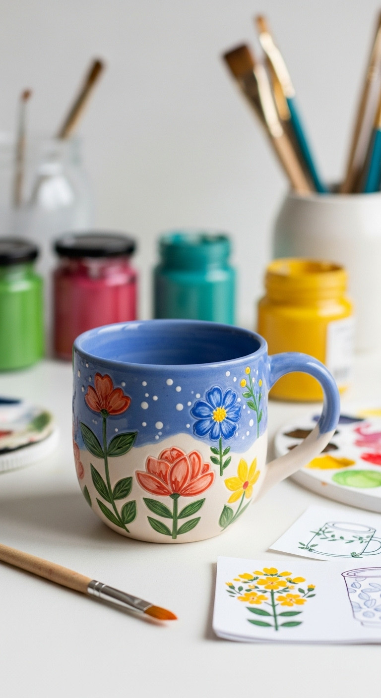 Vibrant hand-painted clay mug with detailed underglaze design on smooth surface, surrounded by art supplies, bright studio light.