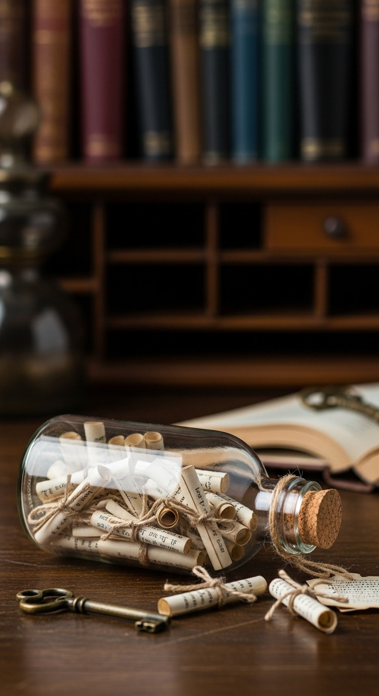 Vintage glass bottle with cork filled with rolled paper scrolls for messages and memories on a dark wooden desk