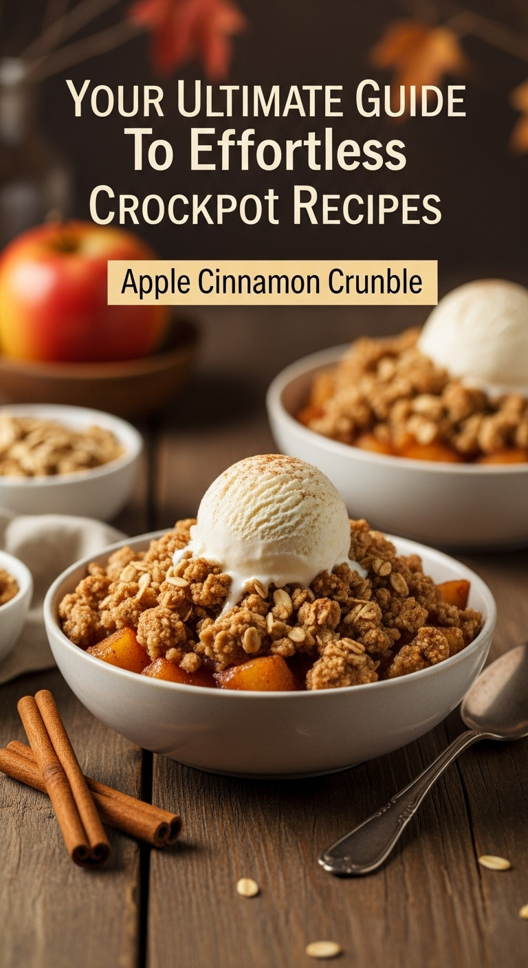 Warm crockpot apple cinnamon crumble, crispy oat streusel, melting vanilla ice cream, cinnamon sticks.