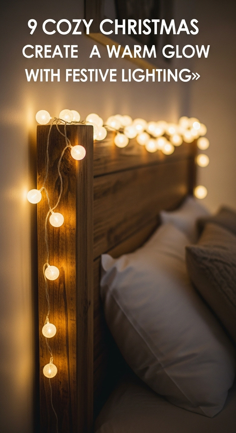 Warm white fairy lights elegantly draped along a wooden headboard for a cozy glow