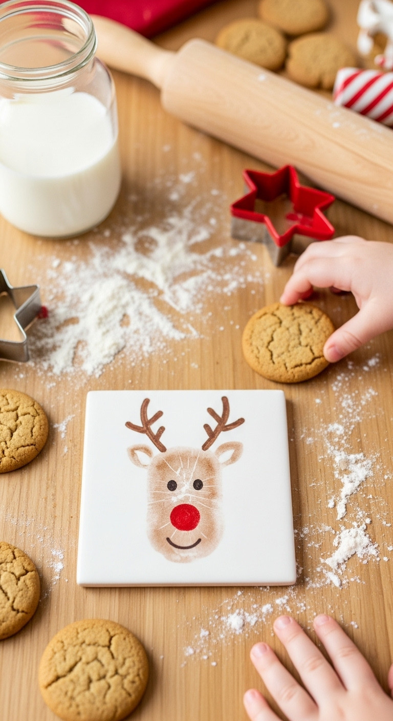 White ceramic tile coaster with child's fingerprint reindeer art on kitchen table with child's hand and cookies