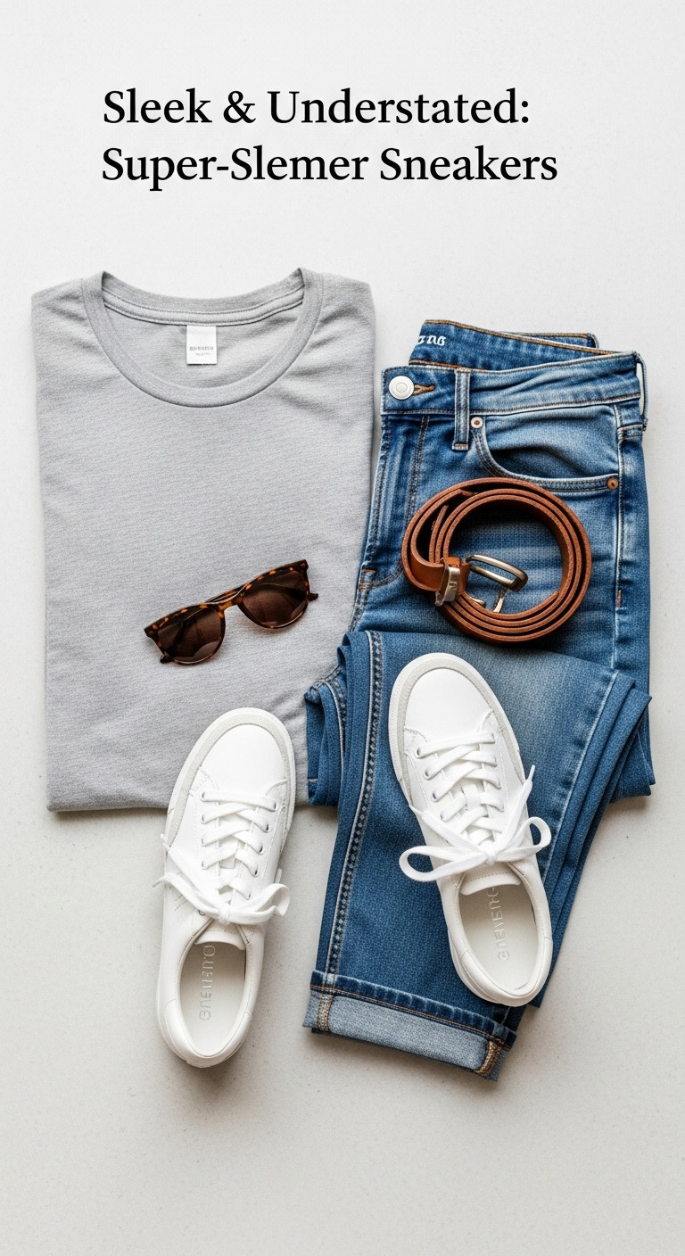 White super-slender sneakers paired with blue jeans and a grey t-shirt minimalist womens fashion sneakers