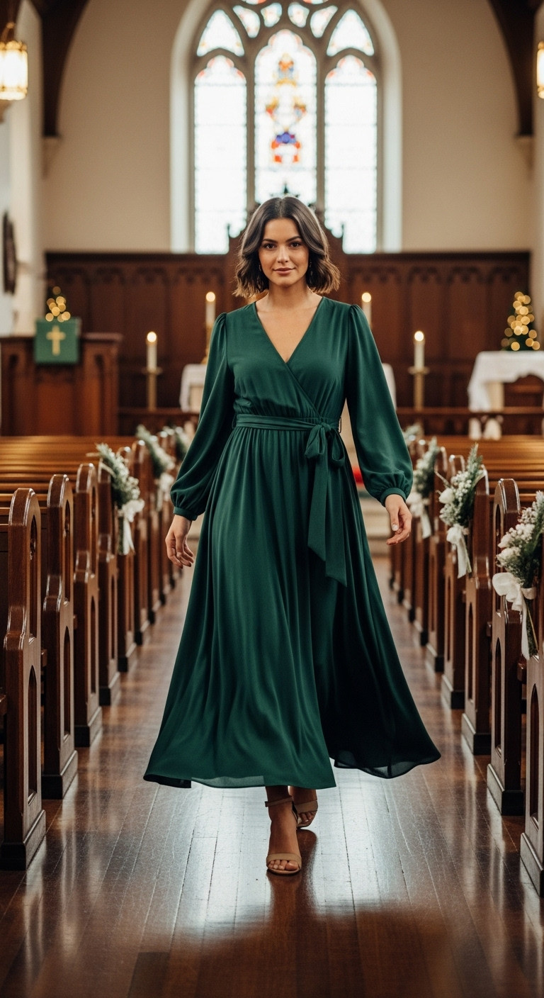 Woman in a flowing forest green midi dress with bishop sleeves walking down a church aisle with natural light streaming in