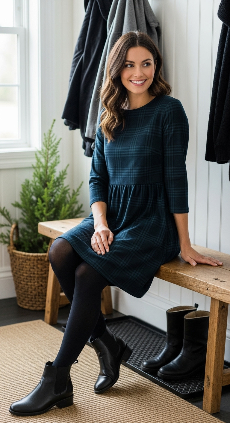 Woman in a navy and green plaid shift dress, black tights, and ankle boots, sitting on a wooden bench in a rustic entryway