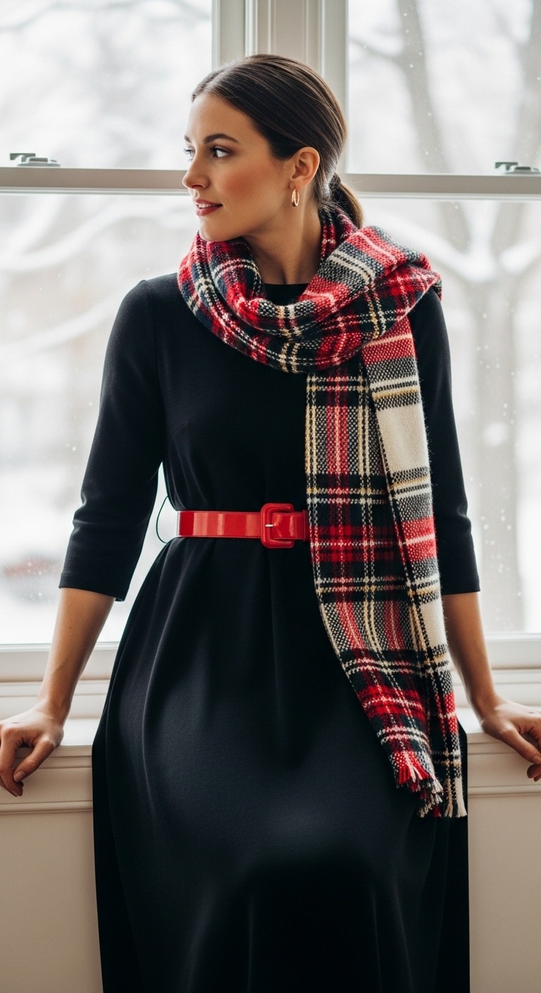Woman in an elegant black midi dress with a red belt, plaid scarf, and gold hoop earrings, looking out a window at snow