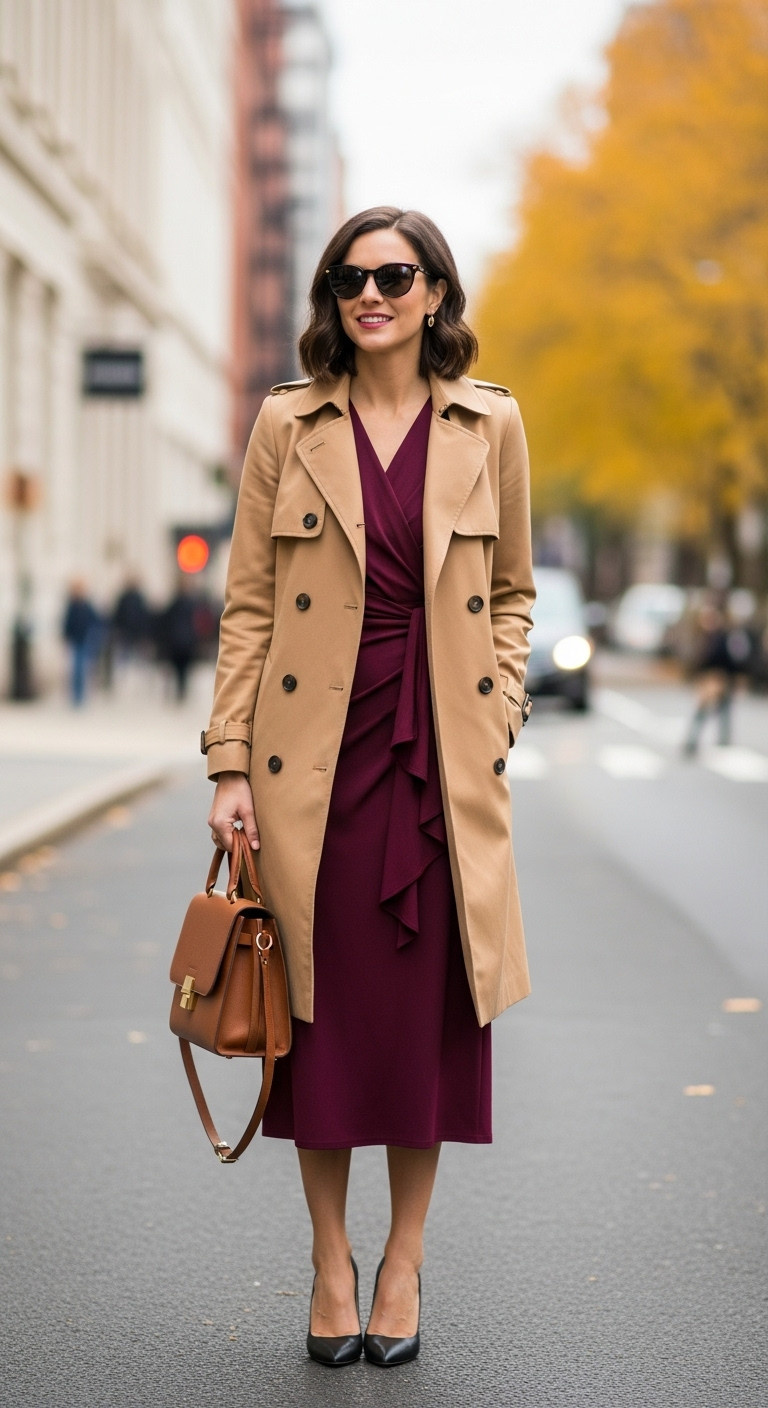 Woman in chic midi dress and trench coat walking on city street to work elegant womens fashion outfit