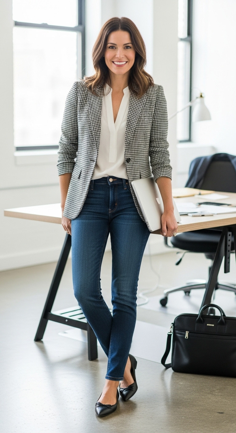 Woman in dark wash jeans and blazer in a modern office space professional womens fashion for work outfit