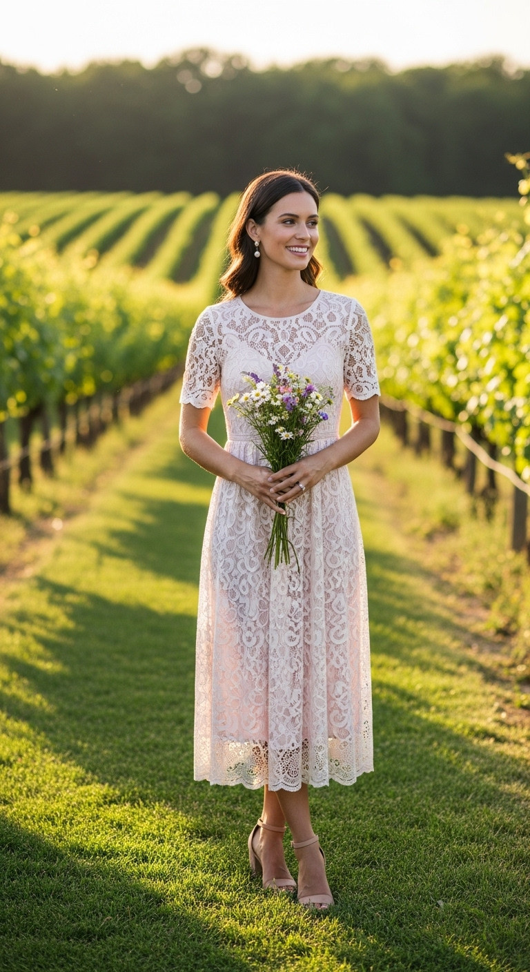 Woman in delicate white lace midi dress in a manicured garden romantic summer Christmas Day outfit for women