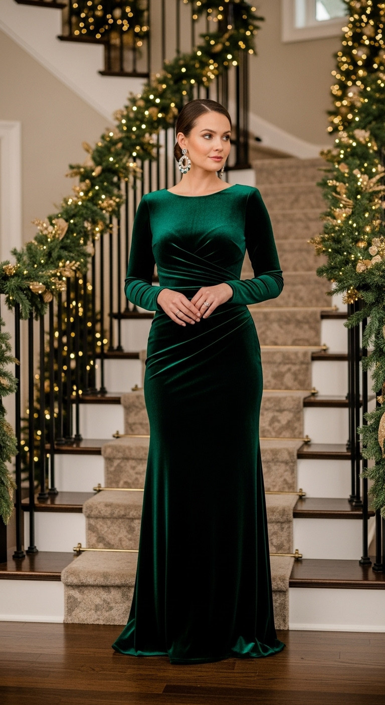 Woman in elegant emerald velvet gown by grand staircase with festive garlands luxurious Christmas fashion ideas for women