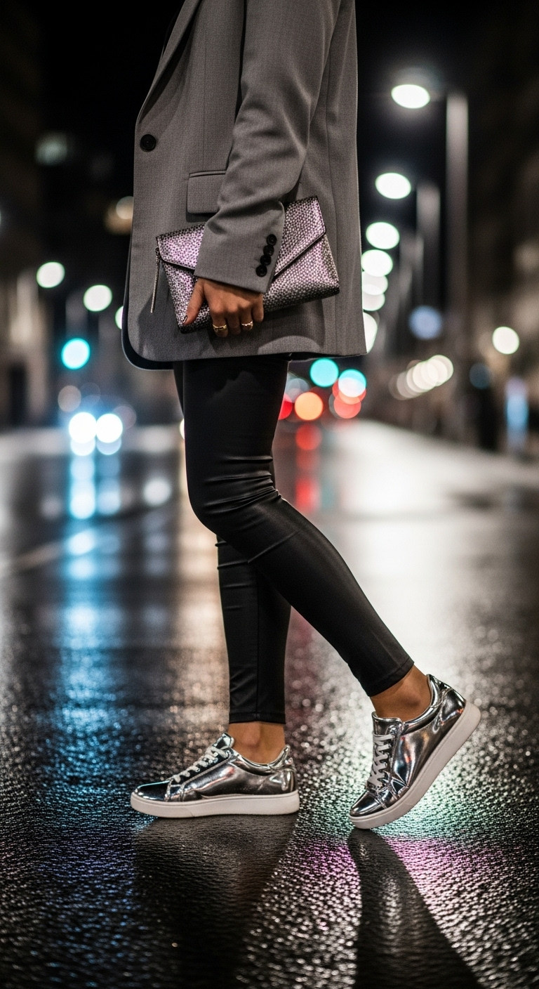 Woman in eye-catching silver metallic sneakers black faux leather leggings and grey blazer on a city street bold womens fashion sneakers