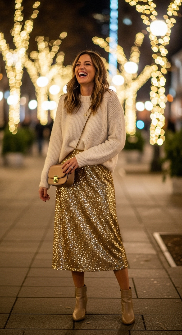 Woman in gold sequin skirt and cream sweater laughing amidst festive city lights chic Christmas fashion ideas for women