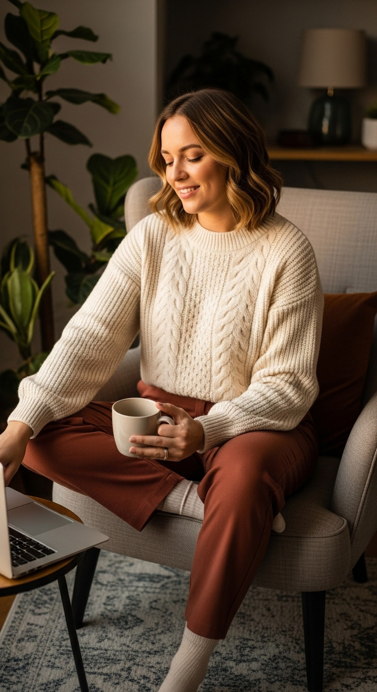 Woman in knitted sweater in cozy office nook comfortable corporate chic womens fashion for work outfit