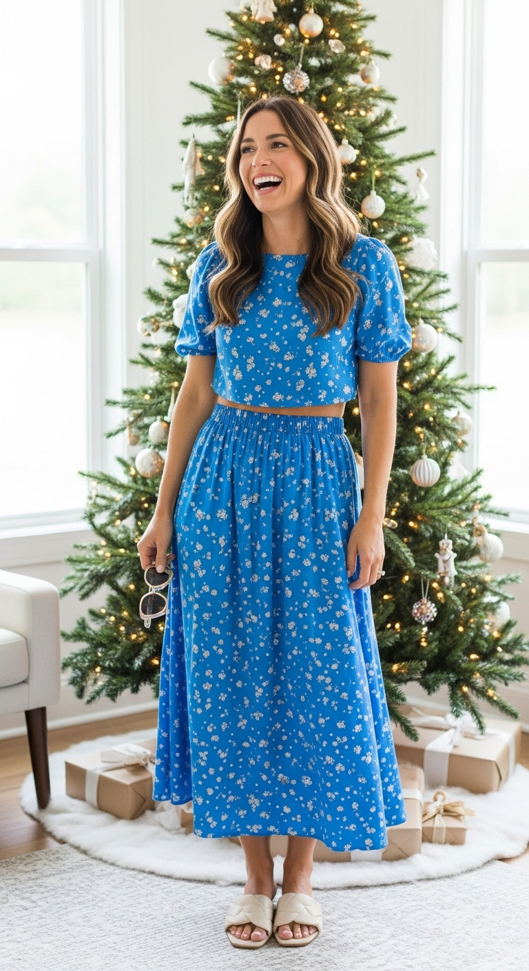 Woman in matching crop top and flowy midi skirt by decorated Christmas tree modern coordinated set summer Christmas fashion