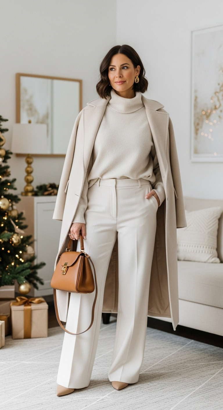 Woman in monochromatic cream wide-leg trousers turtleneck and wool coat in modern interior polished winter white Christmas fashion