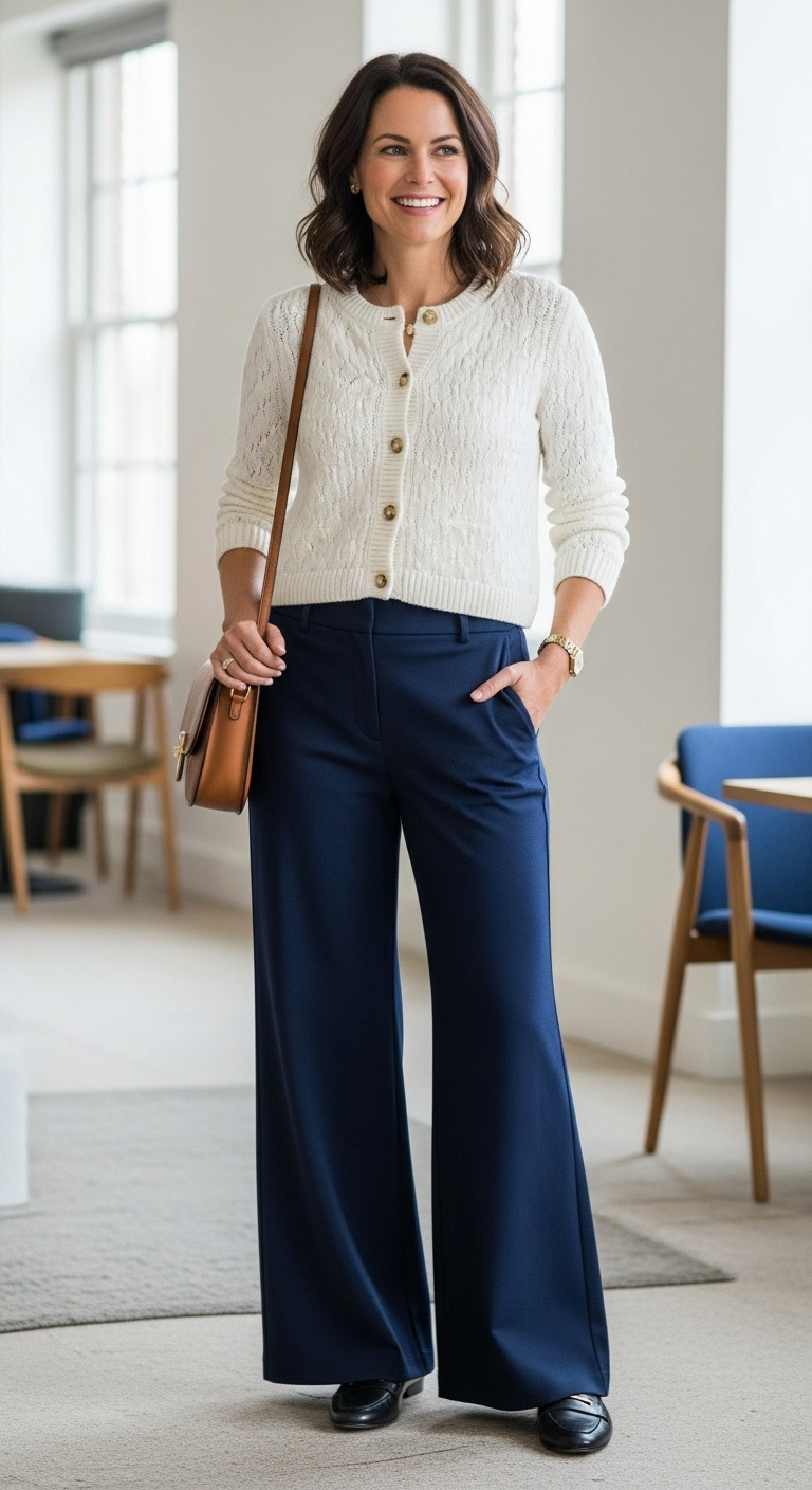 Woman in nautical-inspired cardigan and wide-leg pants in a modern office common area chic womens fashion for work outfit