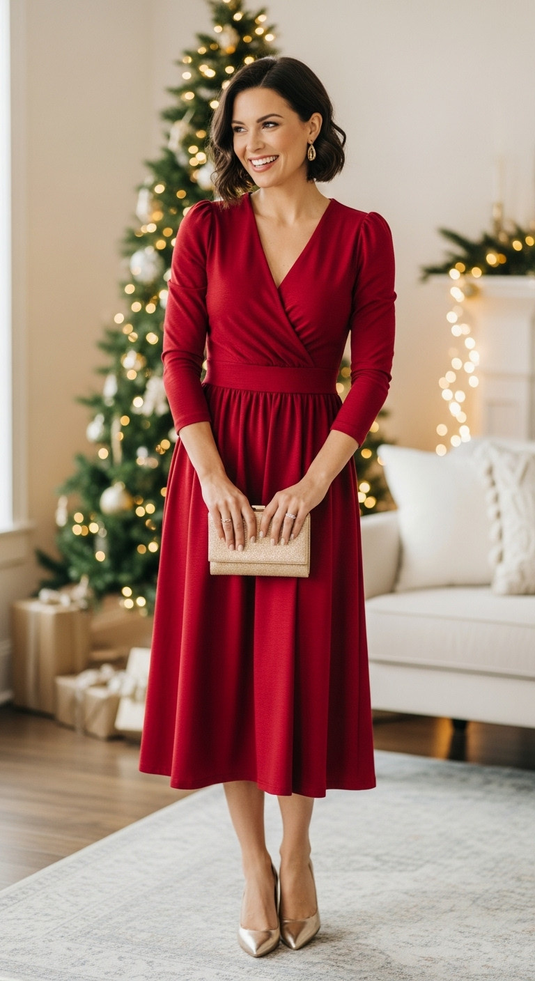 Woman in red Christmas midi dress smiling with blurred decorated Christmas tree in background festive holiday fashion for women