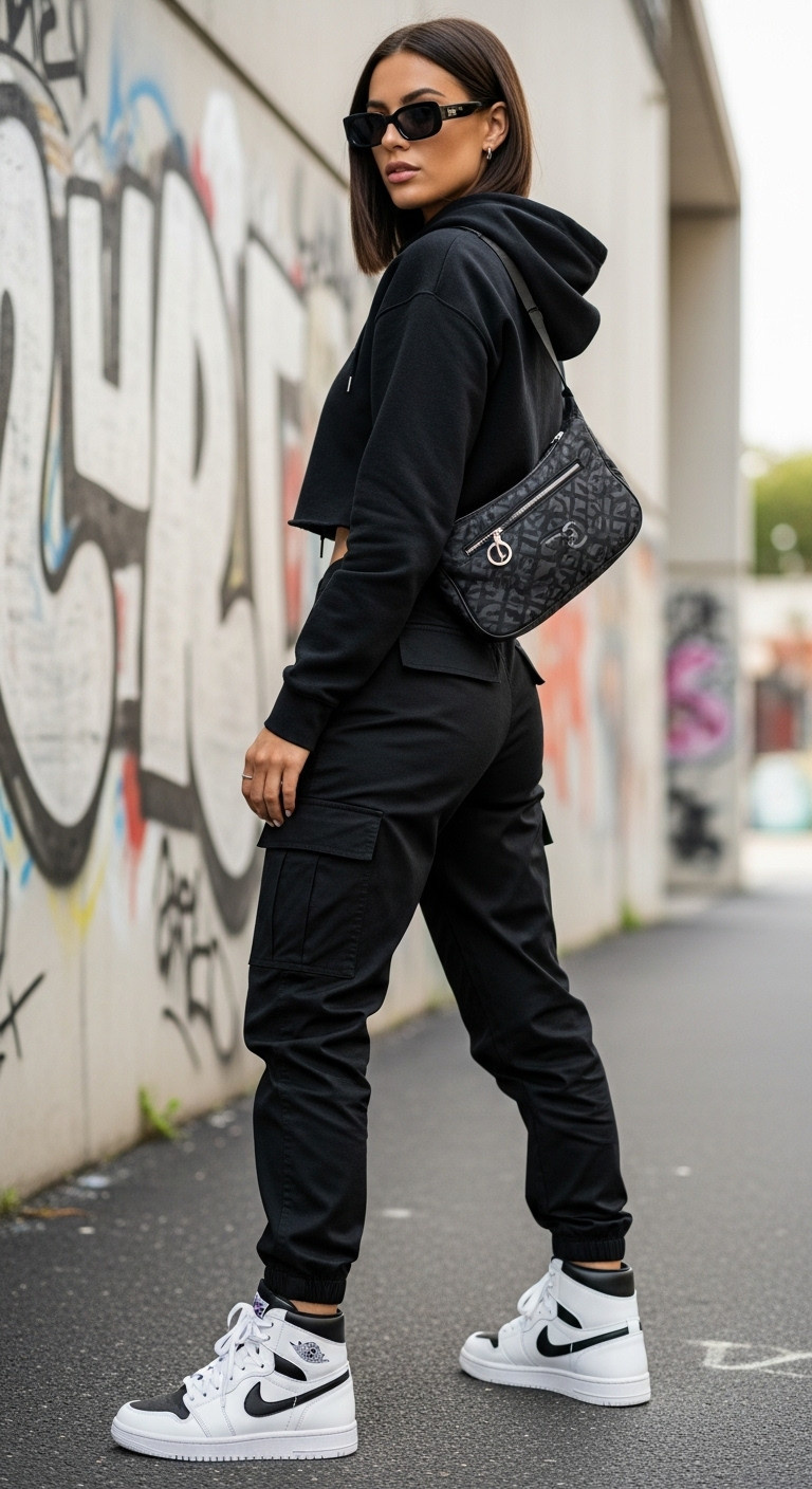 Woman in sleek white high-top boxing sneakers black cargo pants and cropped hoodie edgy womens fashion sneakers