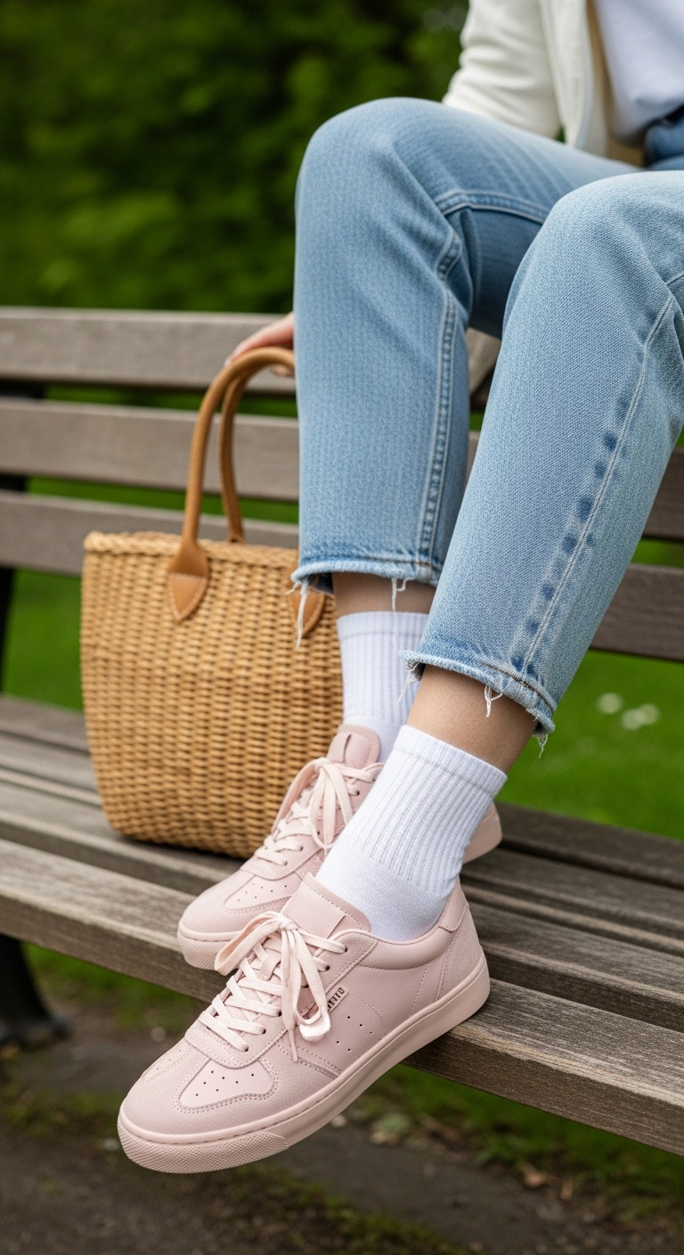 Woman in soft pink sneakers with white socks and light-wash jeans sitting on a park bench feminine womens fashion sneakers