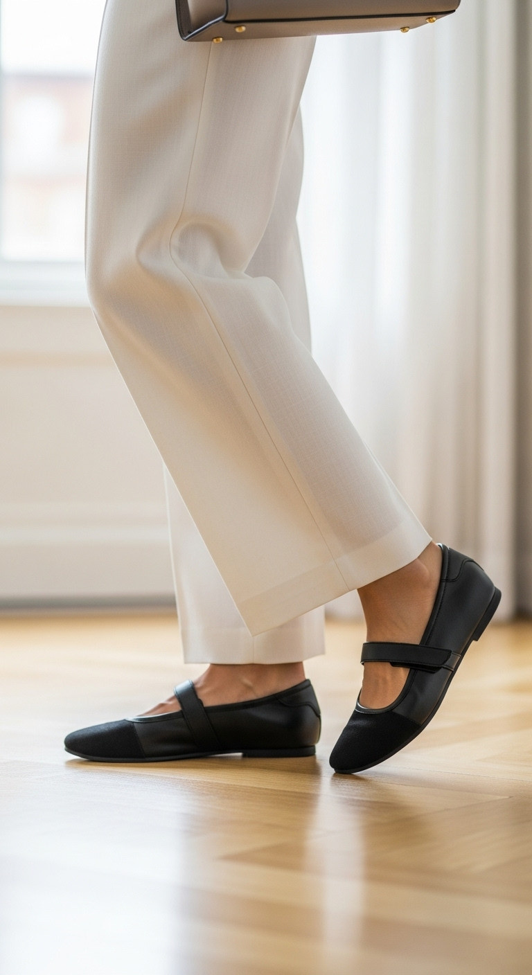 Woman wearing black Mary Jane ballet sneakers with cream wide-leg trousers in a bright room elegant womens fashion sneakers