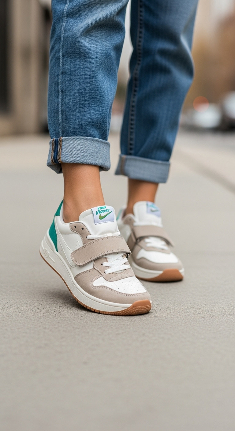 Woman wearing trendy sneakers with oversized tongues and cuffed light-wash denim on a city sidewalk playful fashion sneakers