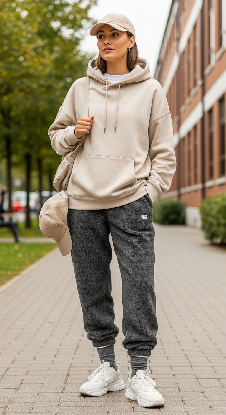 Young person in charcoal joggers, beige hoodie, white sneakers, cross-body bag, cap. Comfortable school campus style.