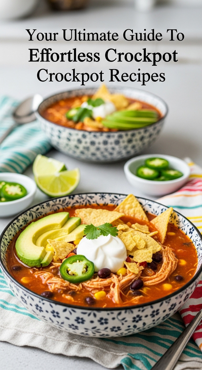 Zesty crockpot chicken tortilla soup, garnished with avocado, tortilla chips, sour cream, cilantro, lime wedges.