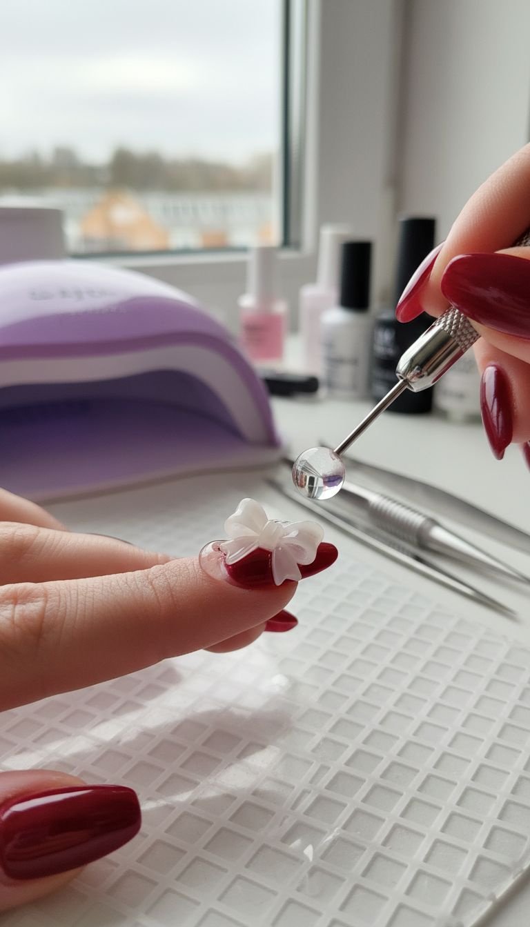 3D resin bow charm being applied to deep red acrylic nail with clear builder gel. Nail art application process with tools.