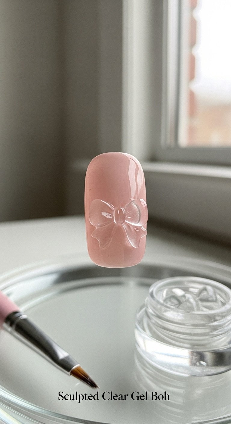 45-degree close-up of short, sheer pink nails with a transparent 3D sculpted clear gel bow, brush, and sculpting gel.