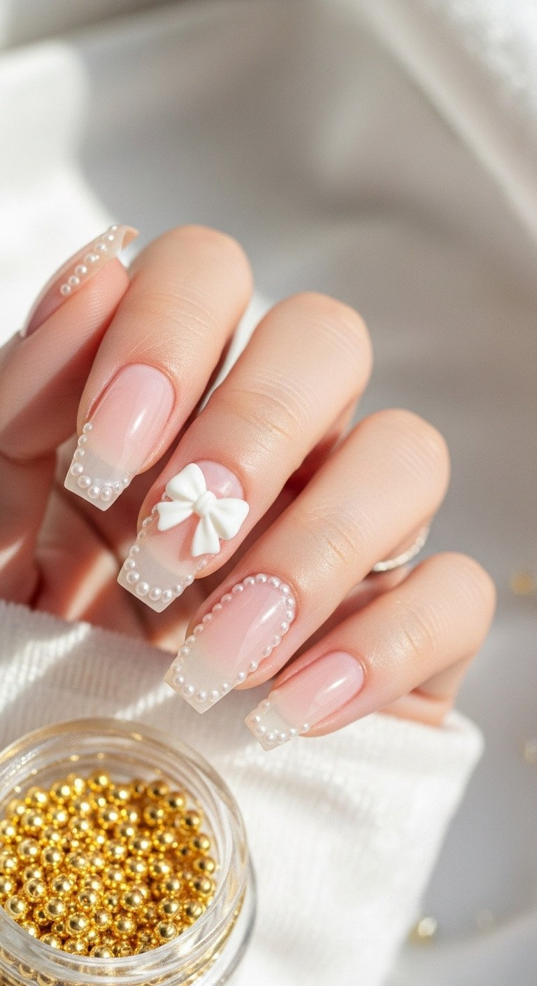 45-degree close-up of soft pink nail with a dainty white 3D bow charm, scattered micro-pearls, and gold caviar beads.