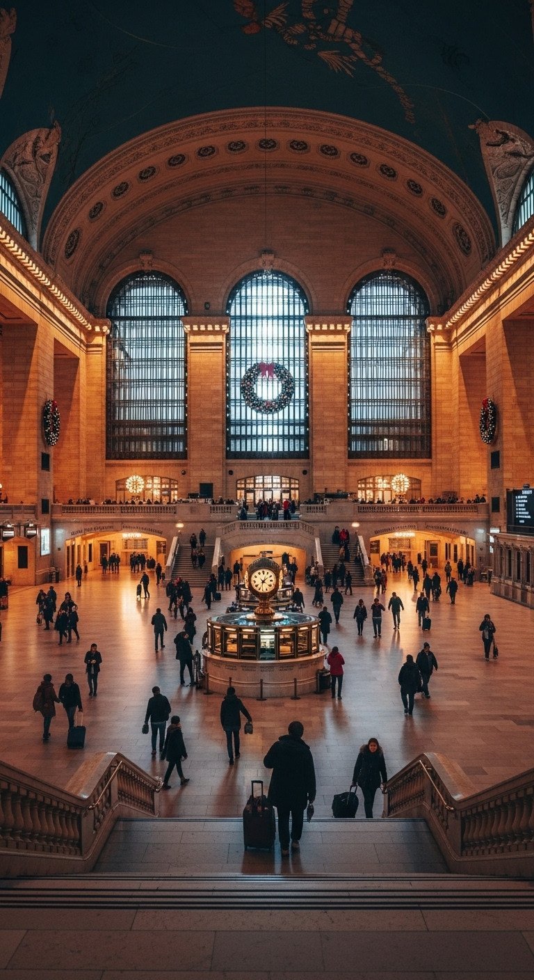 A bustling aisle at the Union Square Holiday Market in NYC with shoppers browsing gifts at red-and-white striped kiosks.