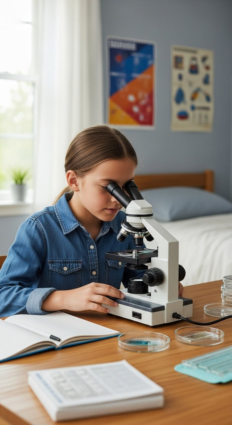A child looks through the eyepiece of a modern microscope on a wooden desk, with prepared slides ready for discovery.