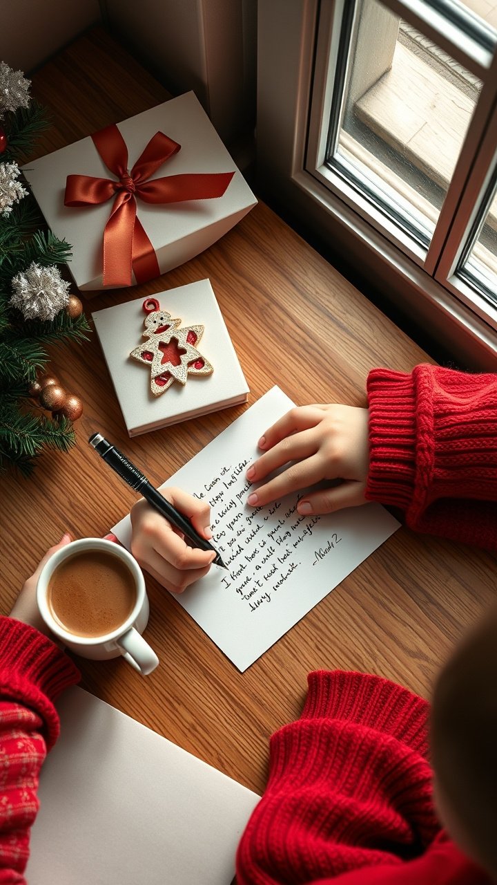 A child's hands decorate gingerbread man cookies with white royal icing on a cooling rack in a warm, festive kitchen scene.