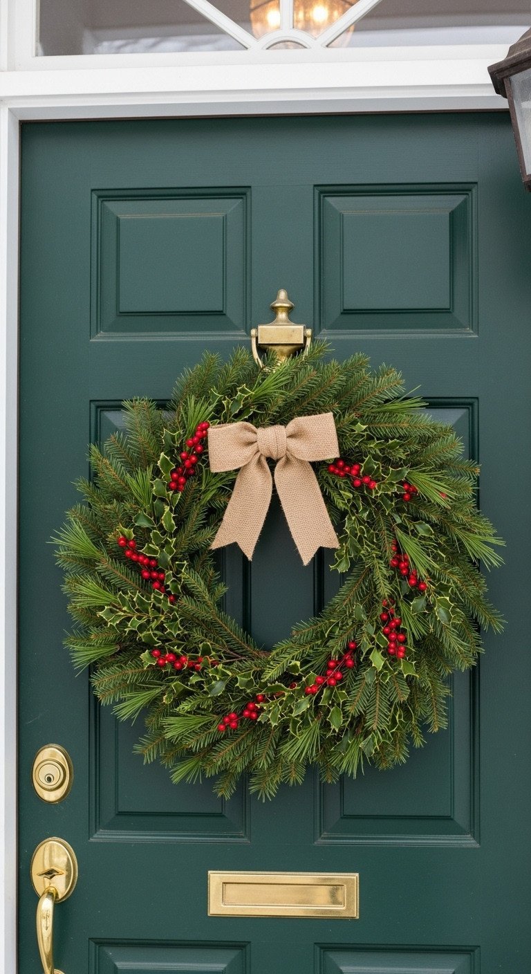 A classic Christmas wreath with pine and red holly berries hangs on a dark green wooden door with a brass knocker.