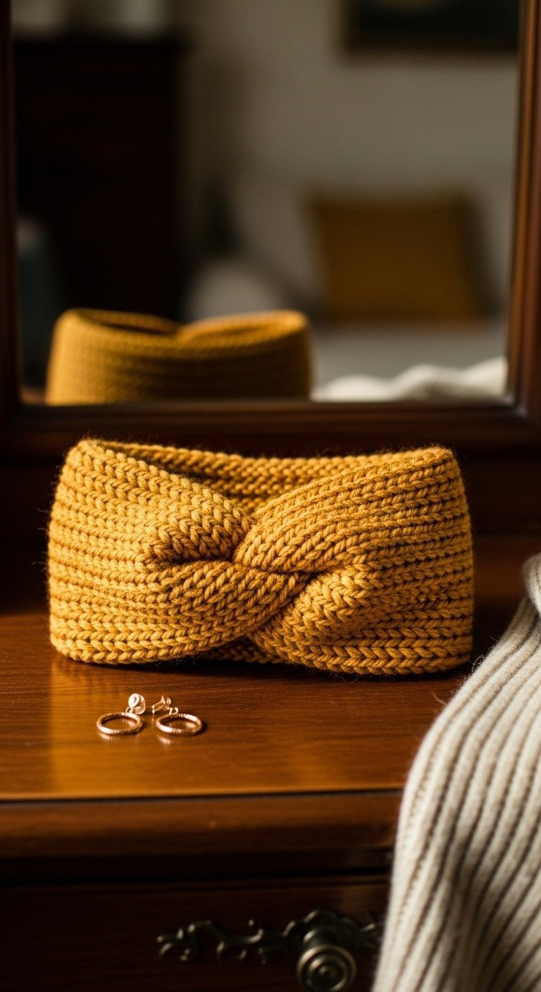 A close-up of a hand-knit turban-style headband in mustard yellow bulky yarn, showing the central twist on a wood surface.