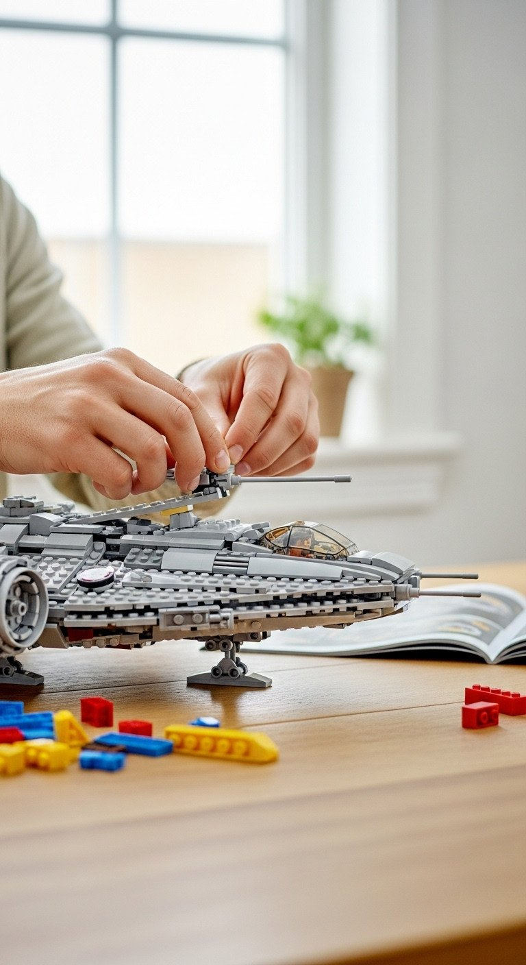 A complex LEGO Starship model mid-build on a light wood tabletop with loose bricks and instructions blurred behind.