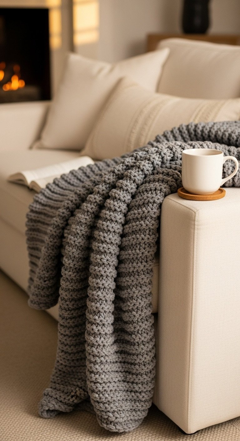 A cozy charcoal gray chunky knit weighted blanket draped over a cream linen sofa with a steaming mug of tea nearby.