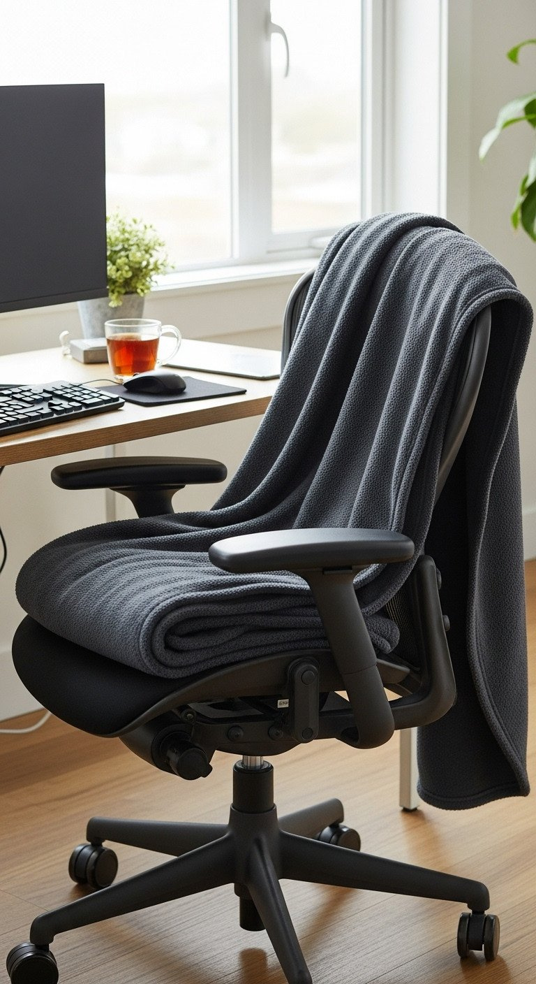A cozy charcoal gray fleece desk blanket draped over an ergonomic office chair in a modern, comfortable home office setting.
